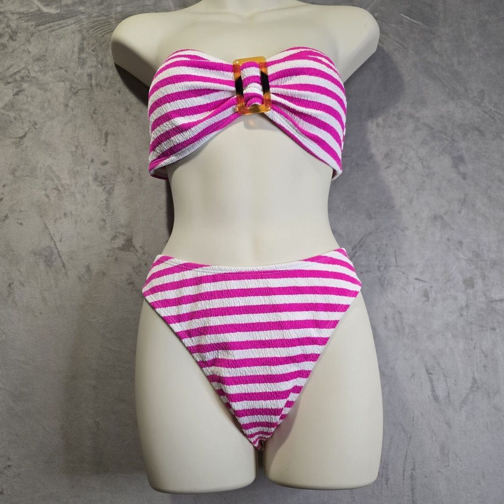 Zaful 2‎ Piece Bikini Set Swimsuit Size Medium Pink Stripes Tie Back  Cheeky